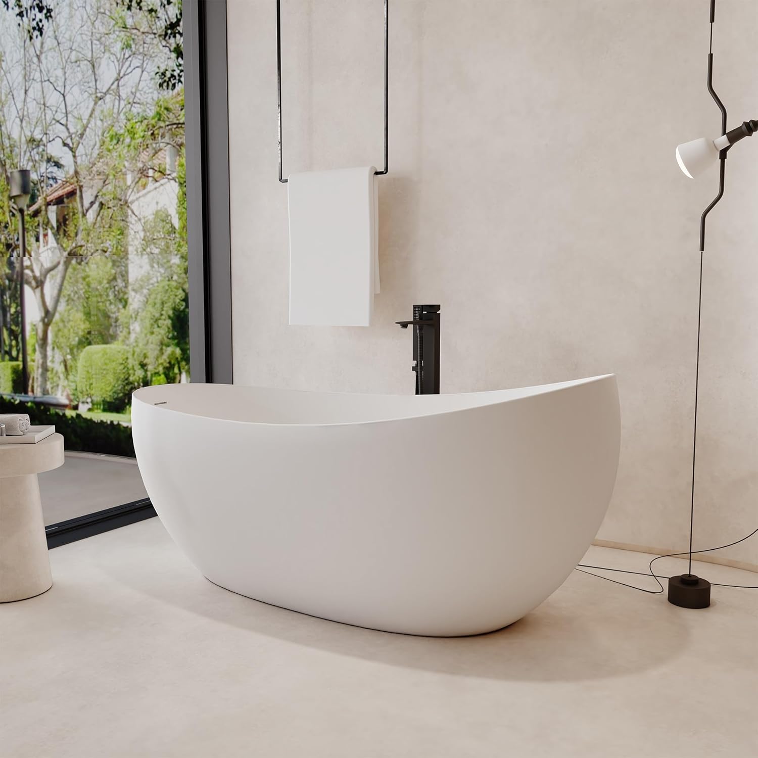 63 Inch Stone Resin Soaking Tub Matte White Solid Surface Free Standing Tub with 27.5 Inch High Backrest for Comfortable Support