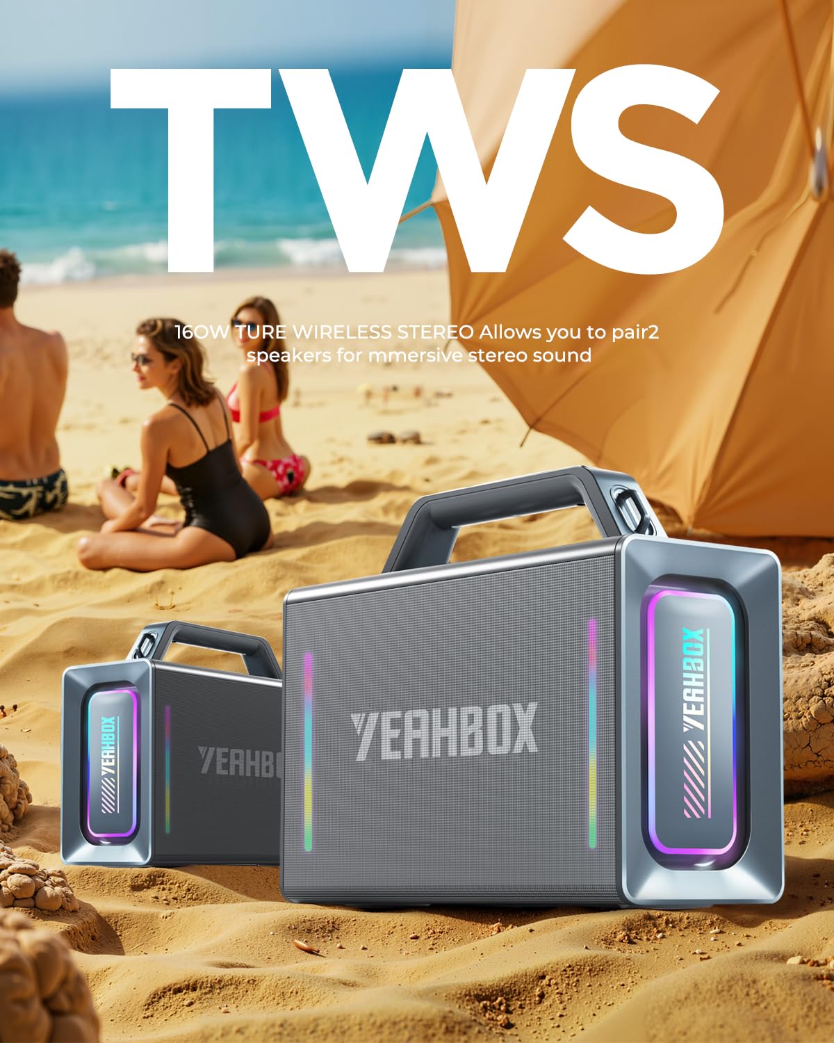 YEAHBOX Thunder 500 - Altoparlante portatile Bluetooth per karaoke, 200 W massimo, con 2 microfoni wireless, sistema PA e luci LED, per interni ed esterni, feste in casa, supporta EQ/AUX/USB/TF