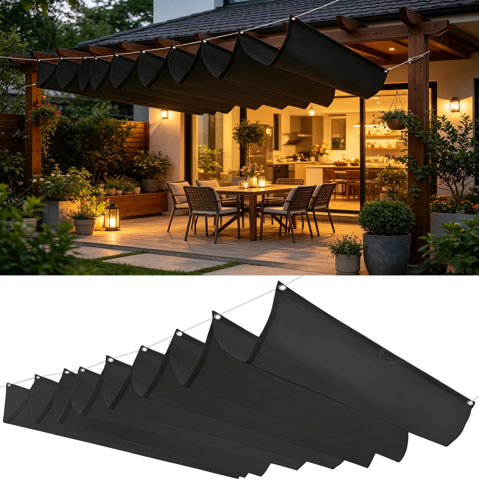 Voile d'ombrage noir 1.2 x 6.5 m pour bloquer la chaleur sur la terrasse du jardin