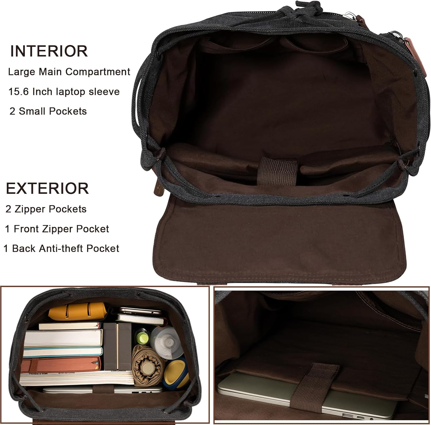 Canvas Backpack for Men, Vintage Laptop Daypack Travel Rucksack Work College Computer Bag Bookbag Fits 15.6 Inch Laptop, Black