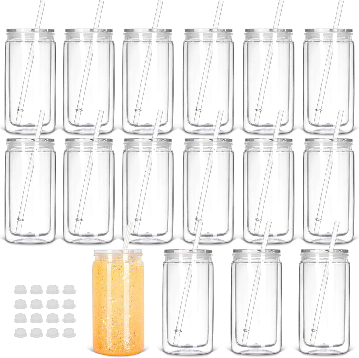 16 Oz Plastic Snow Globe Tumbler with Lid and Straw, 10 Pack Double Wall Pre Drilled Plastic Mason Jar Cups Can for Snow Globe Glitter DIY Gift(Clear)