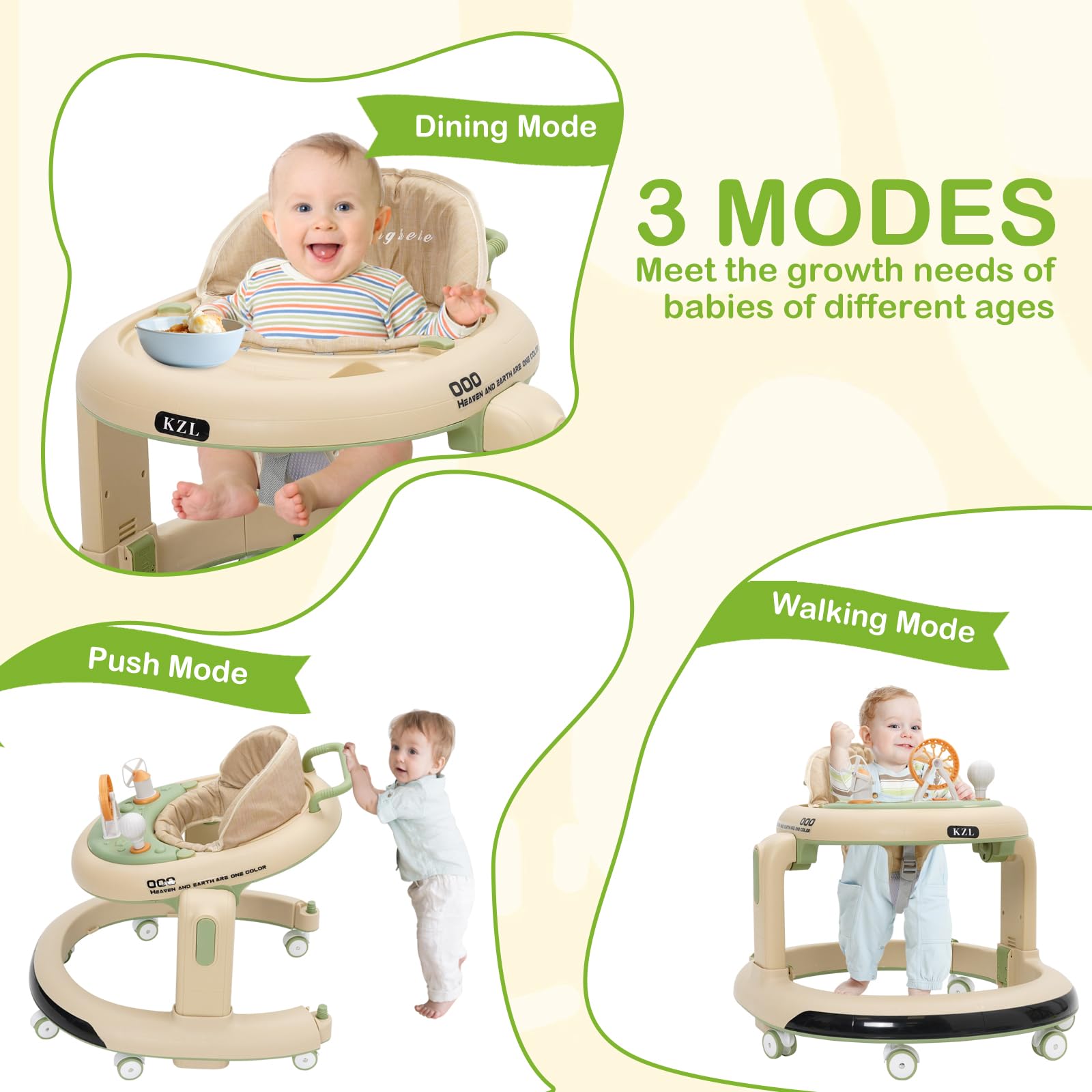 3 en 1 Trotteur Bébé,Babywalker avec 6 Hauteurs Réglables, Trotteur avec Roues Silencieuses à 360°,Plateau Repas et Plateau d'activités Musical Amovible, 6 Mois et plus(Vert)