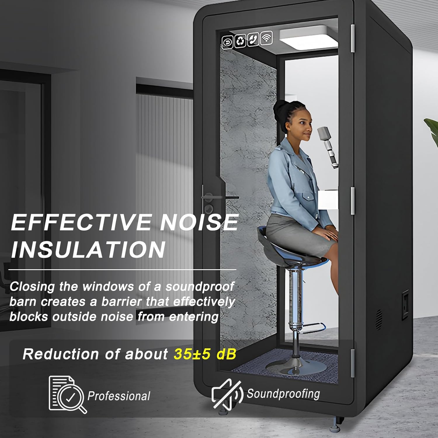 Office Sound Booth with Audio Privacy - Portable Soundproof Booth Includes Black Modern Design,Modern Room with Light,Fans, Socket Metal Frame for Telephone Booth (39.37IN)