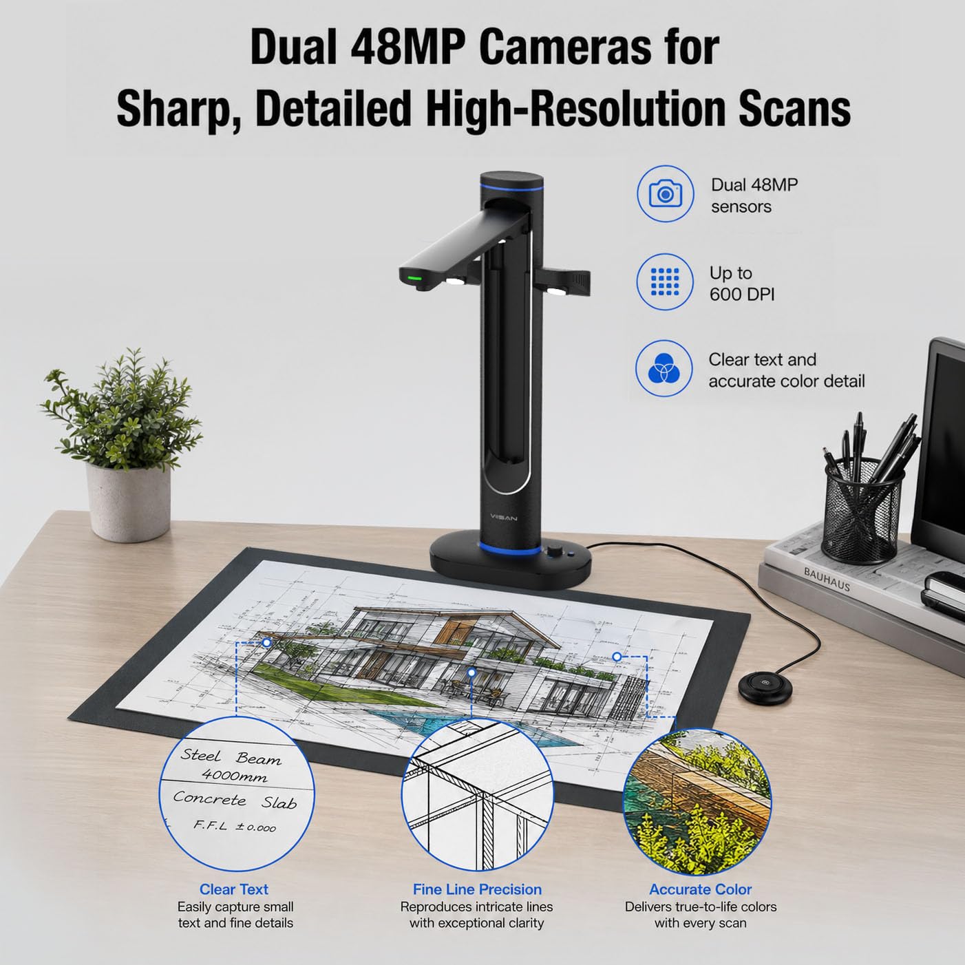 VIISAN S48 Duo - Scanner professionale A2/A3, doppio sensore CMOS da 48 MP, 600 DPI, levigatura automatica della piega del libro, riconoscimento esterno OCR, illuminazione a LED, compatibile con