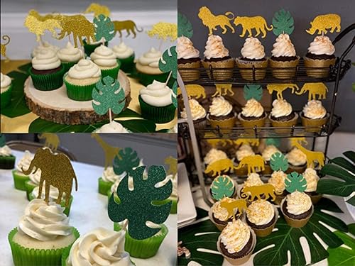 Miniatura 7 de ALISSAR Paquete de 40 adornos para cupcakes de animales de la selva con purpurina, temática de selva de safari, baby shower, fiesta, pasteles,