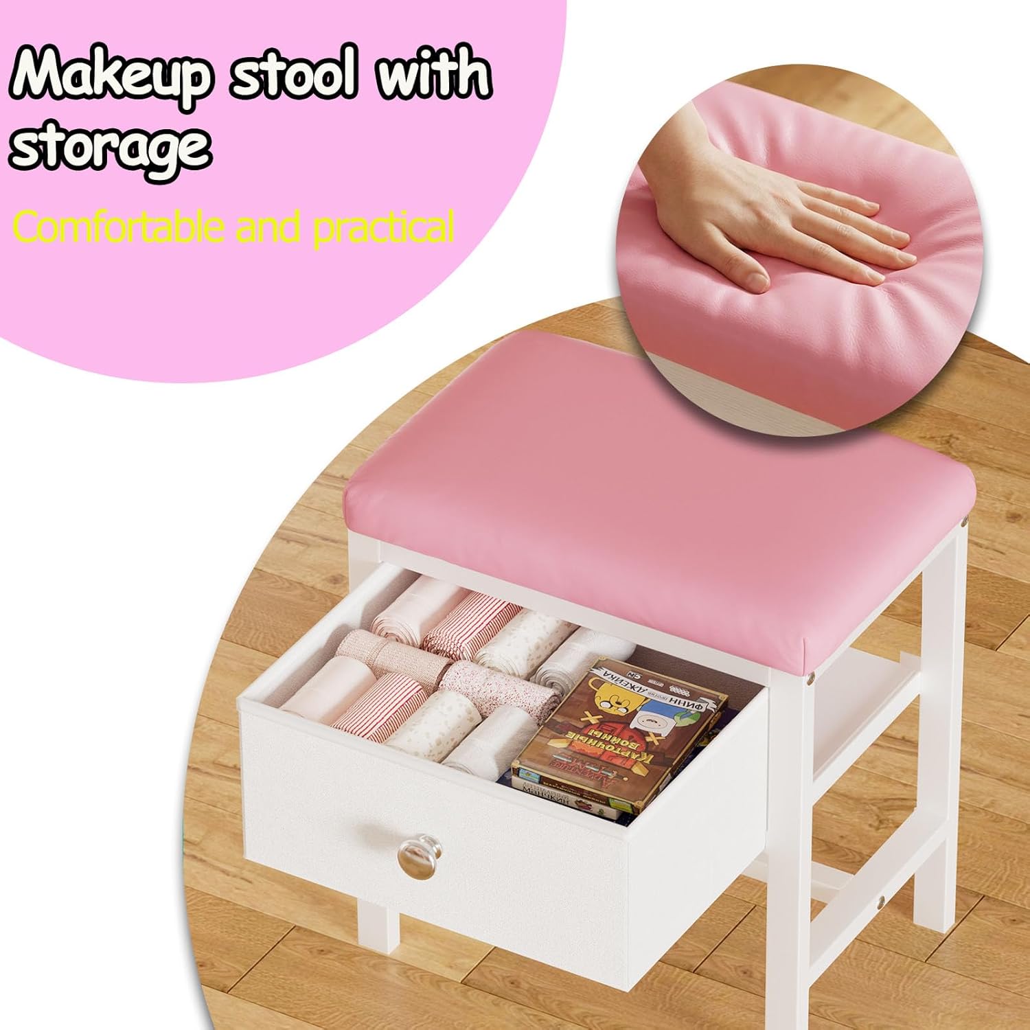 PAKASEPT Kids Vanity, Girls Vanity Set with Mirror and Stool and Lights, 2 in 1 Toddler Vanity with Jewelry Storage, Kids Vanity Table and Chair Set for Little Girls 10-12