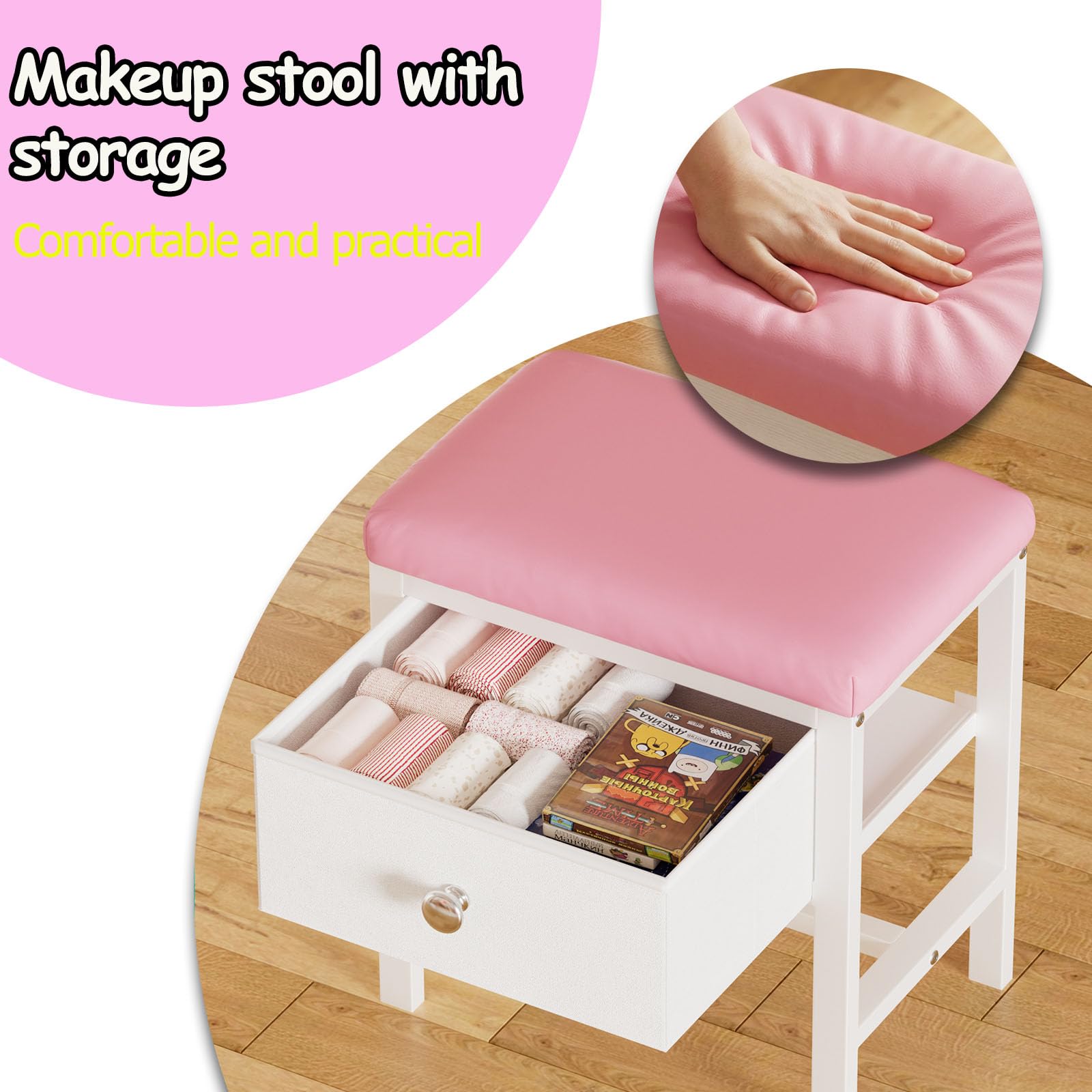 MSFE 2 en 1 Coiffeuse Enfants avec LED Miroir & Chaise, Coiffeuses en Bois avec Support pour Bijoux, Grand Rangement, Ensemble de Bureau Enfant, Table de Maquillage pour Chambre à Coucher