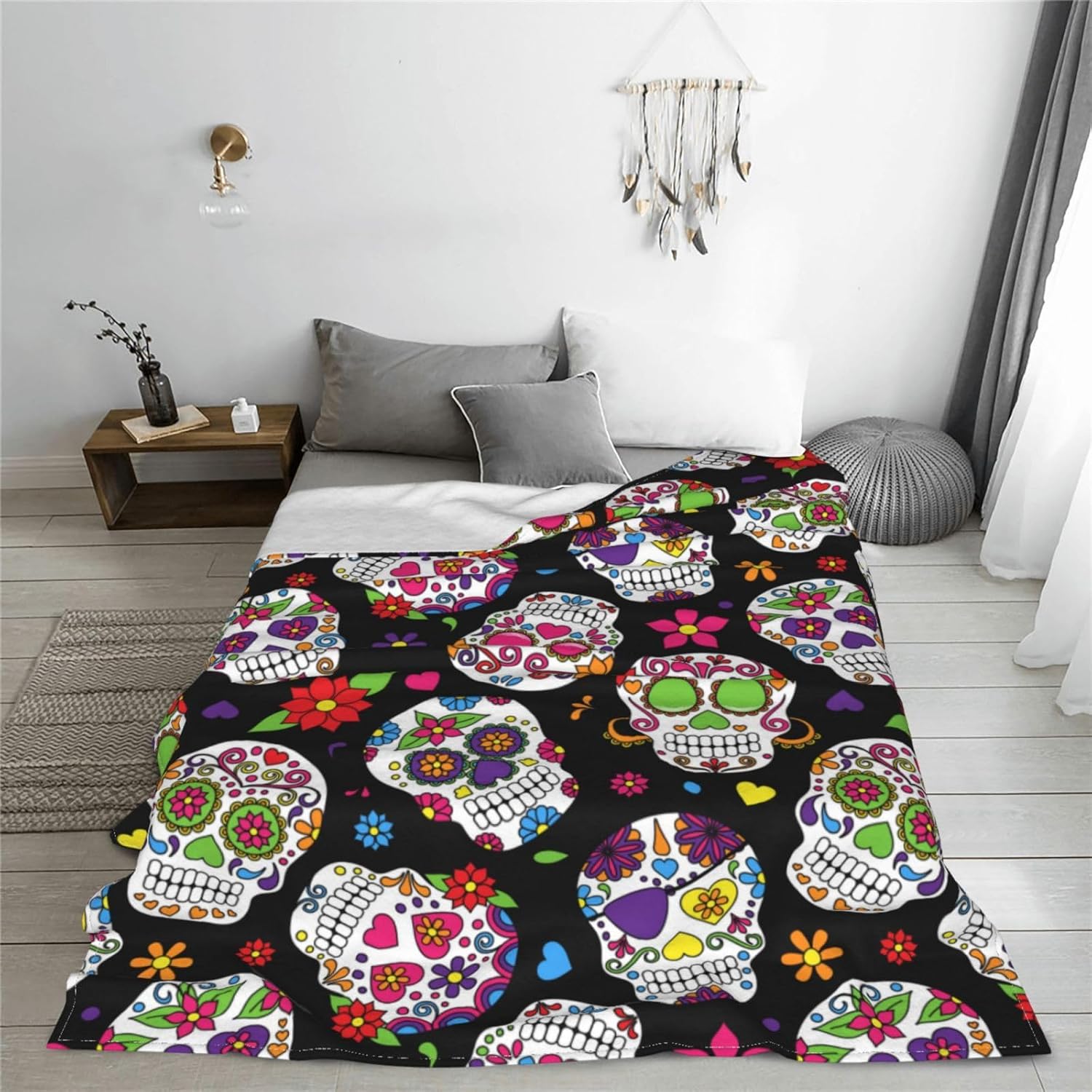 BLUBLU Day of The Dead Sugar Skull Flannel Fleece Bed Blanket Throw Blanket Lightweight Cozy Plush Blanket for Bedroom Living Rooms Sofa Couch 60"x50"