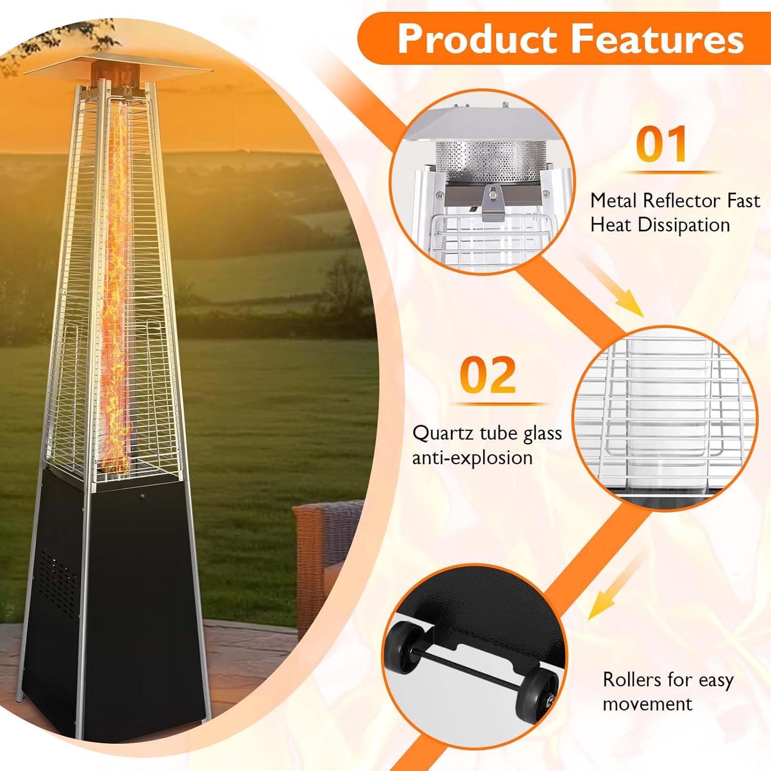 48,000 BTU Propane Patio Heater with Wheels, Quartz Glass Tube Pyramid Design, Includes Cover - Perfect for Parties, Backyard, Garden, Poolside, Commercial & Residential Use (Black)