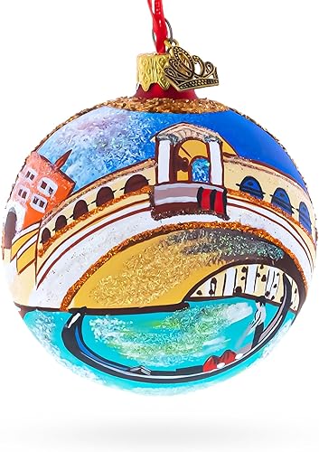 Góndola bajo el puente de Rialto, Venecia, Italia, bola de cristal, adorno de Navidad, 3.25 pulgadas