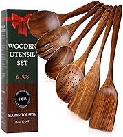 Vista 1 de Juego de utensilios de madera de teca 100% natural, 6 cucharas de cocina duraderas para cocinar, antiadherentes y resistentes al calor, ecológico