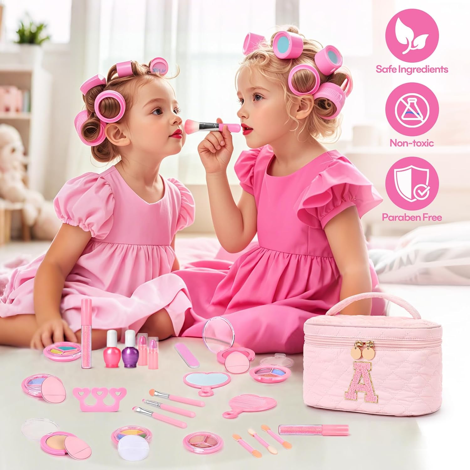 Kids Washable Makeup Set for Girls - 29Pcs Real Non-Toxic Play Make Up Kit Toys with Letter Cosmetic Bag - Dress Up Birthday Gifts for Toddler Age 3 4 5 6 7 8 9 10 Years Old Vanity Set - A