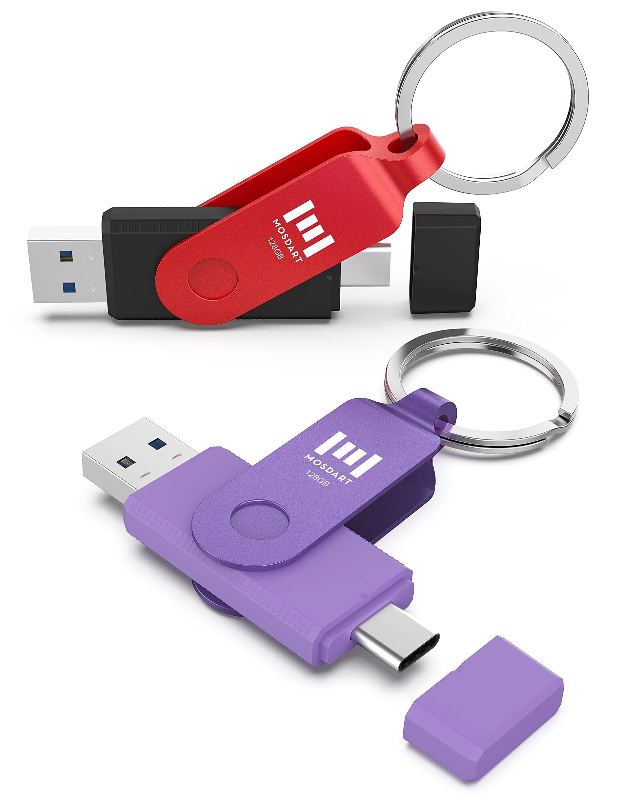 mosDART128GB USB3.1 Fast Speed C and A Dual Flash Drive, exFAT Memory Stick with Keychain and LED Indicator, for iPhone 15 and 16, Android Phone, iPad, MacBook, Red and Purple(Pack of 2)