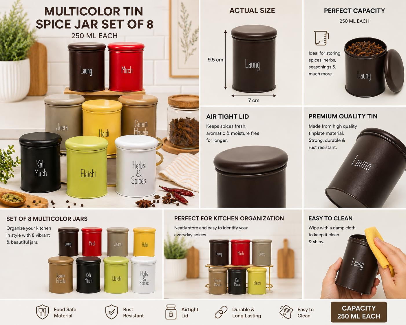 MARKET 99 Metal Spice Jar Set of 8 (300 ml Each) | BPA-Free Masala & Condiment Containers | Leak Proof Kitchen Storage Jars for Spices, Seasonings & Dry Items | Multicolor Metal Spice Organizer Set