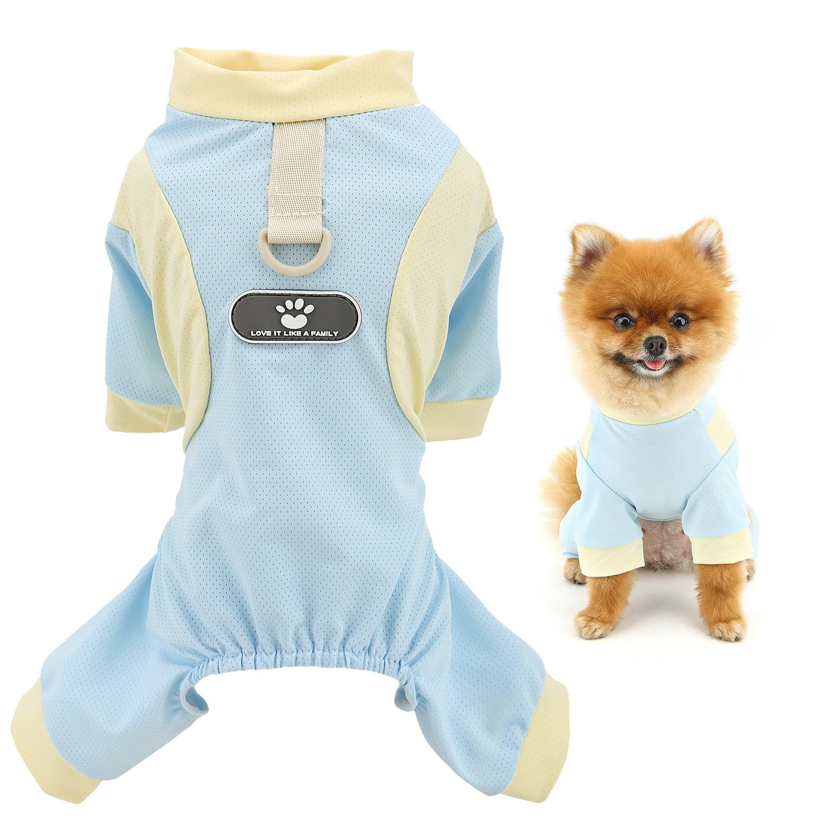 SMALLLEE_LUCKY_STORE Cool Mesh Dog Pajamas Summer Clothes for Small Dogs Pet Jumpsuit with D-Ring and Patch UV Resistant Puppy Pjs Breathable Chihuahua Yorkie Cat Apparel, Blue, L