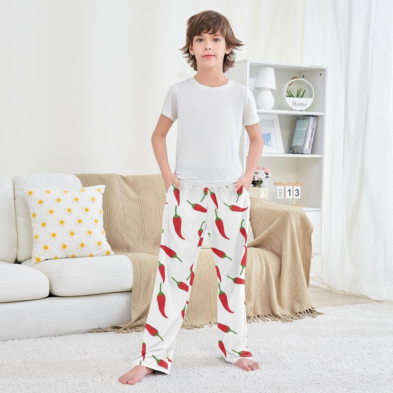 Red Green White Pajama Pants Soft Modal Loungewear Breathable Elastic Waist with Pockets