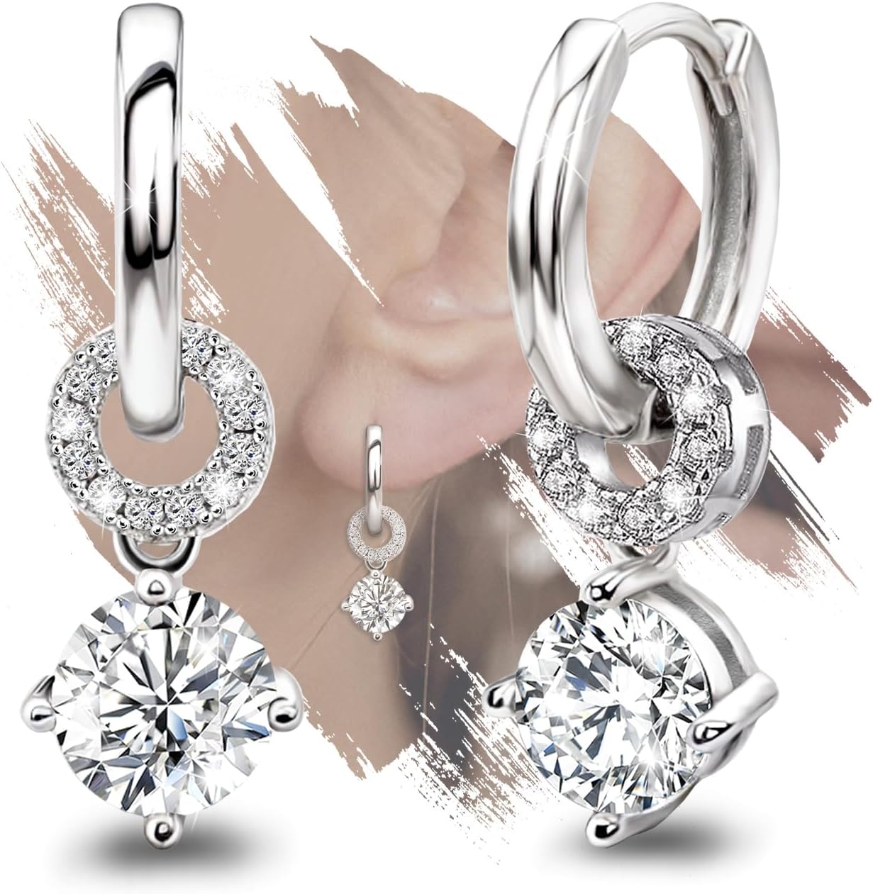 Huggie Hoop Earrings with CZ Charm Sterling Silver Dangle Hoop Earrings Sparkling Circle Cubic Zirconia Earrings for Women Round Cut CZ Cartilage Hoops Hypoallergenic Jewelry Birthday Gifts for Her