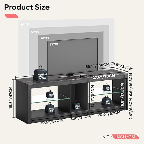 Miniatura 2 de Bestier soporte RGB para televisión de más de 65 pulgadas, centro de entretenimiento para videojuegos, consola LED con 2 estantes de vidrio, para