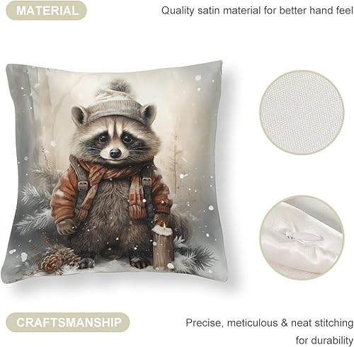 Miniatura 4 de HighonHi Fundas de almohada decorativas de 26 x 26 pulgadas, lindas fundas de cojín de satén de dibujos animados de mapache de Navidad, nieve e