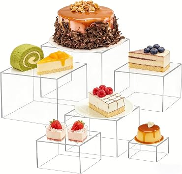 Food Risers for Buffet, 6 Dimensions 3in+4in+5in+6in+7in+8in White Acrylic Food Risers, Dessert Table Display Set for Cake Wedding Cupcake Dessert Party Transparent