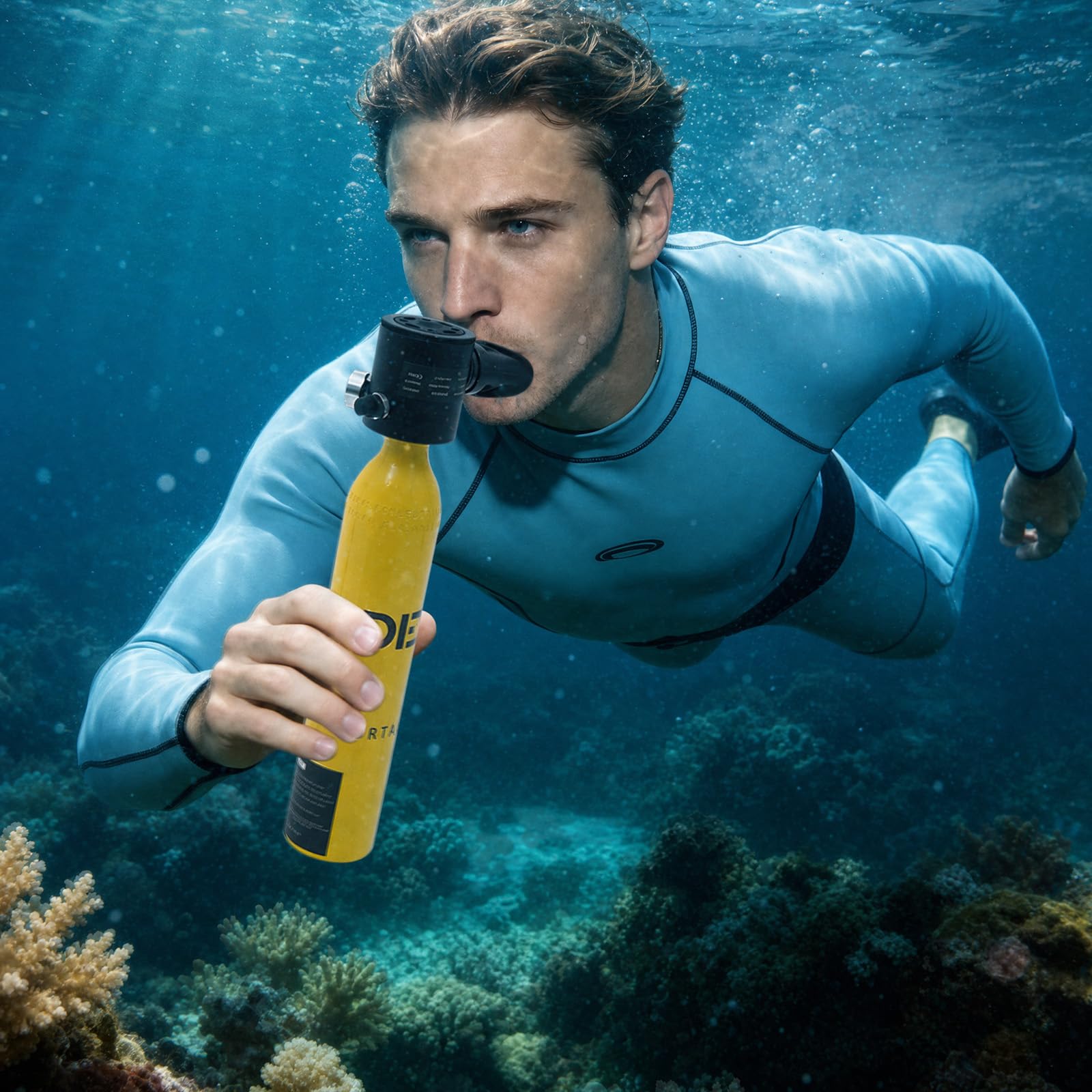 Mini Tauchflasche mit Pumpe 0,5L Taucherflasche mit 5-10 Minuten Kapazität Tauchen Sauerstofftank mit Gurt, Sicherheitsband, Filtervorrichtung Nachfüllbarem Tauchflasche für Anfänger
