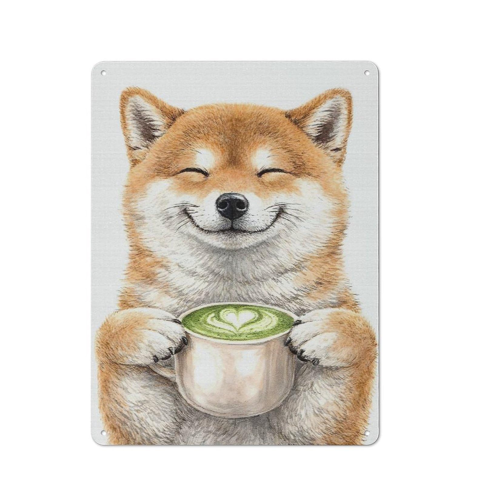 Junmoney Style-24 Shiba Inu With Matcha Latte Printed Metal Sign 40X30cm For Living Room Wall, For Kitchen, Dining Room And Home Bar Wall Decor