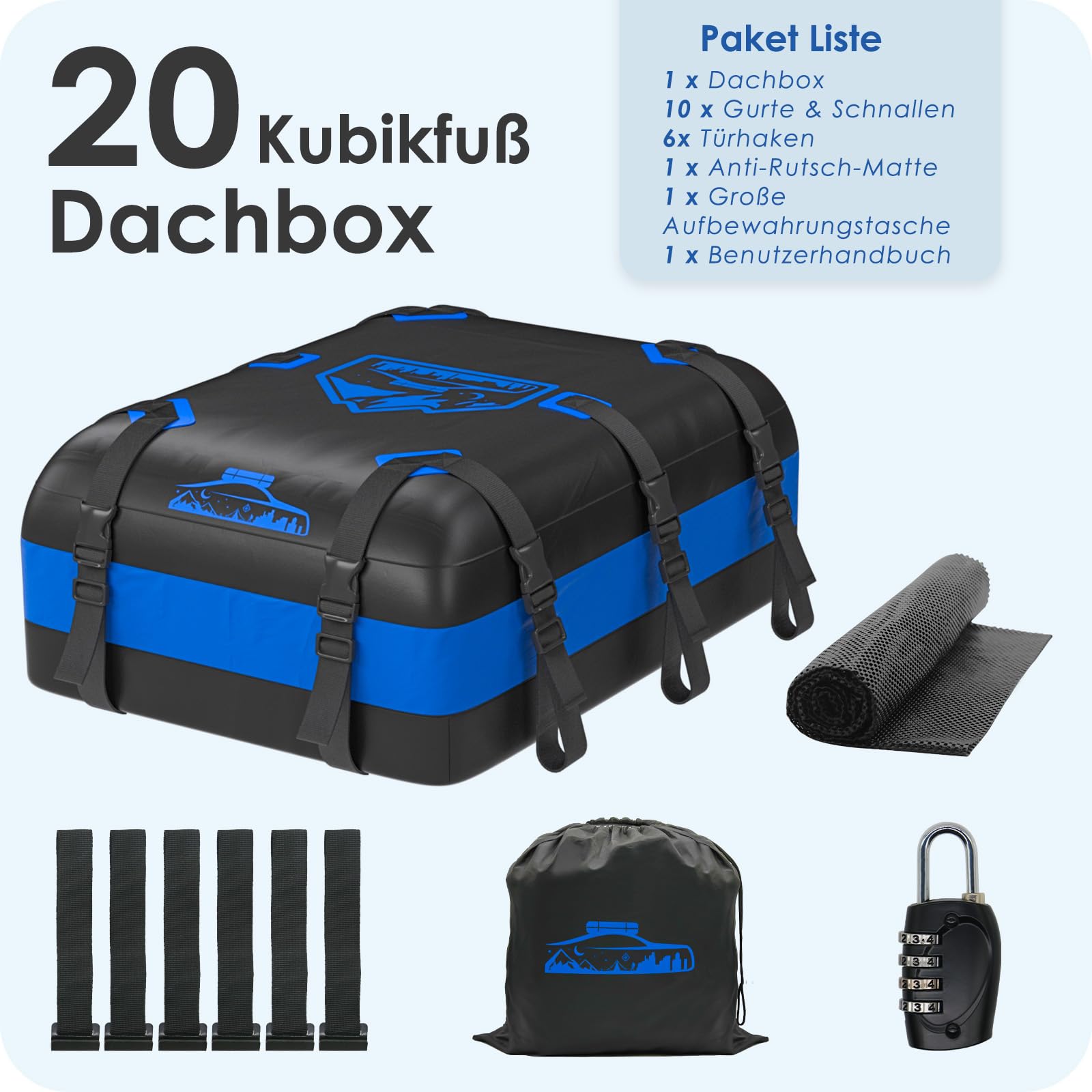 Dachbox Faltbar 20 Cubic/566 L, 700D Wasserdicht Dachbox Auto, Dachbox mit Anti-Rutsch-Matte und 10 Schwerlastgurten, Faltbare Weich Dachtasche Auto für Autos mit/ohne Gepäckträger(Blau)