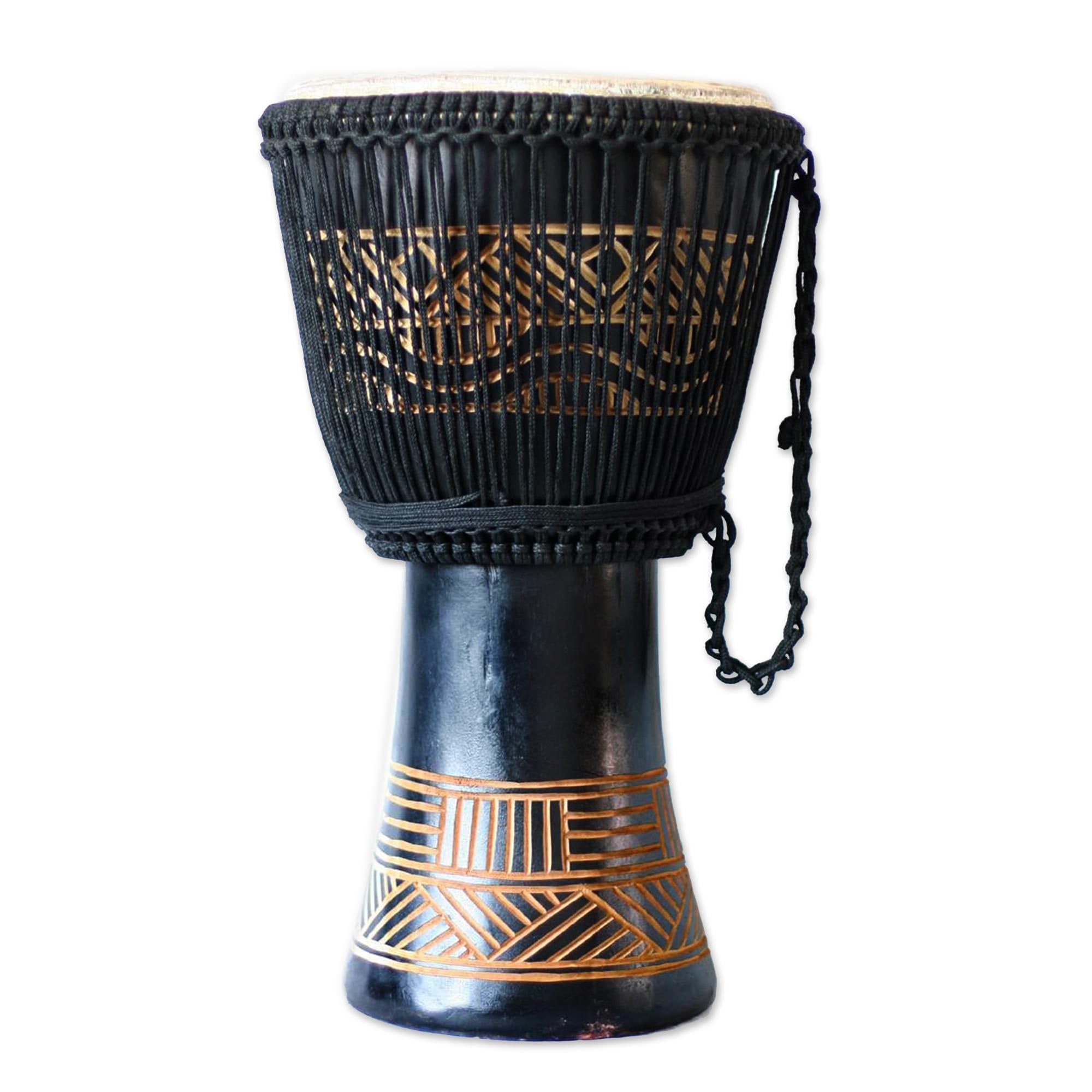 NOVICA Geometric Black and White Wood Goatskin Djembe Drum with Cotton Strap, Ultimate'