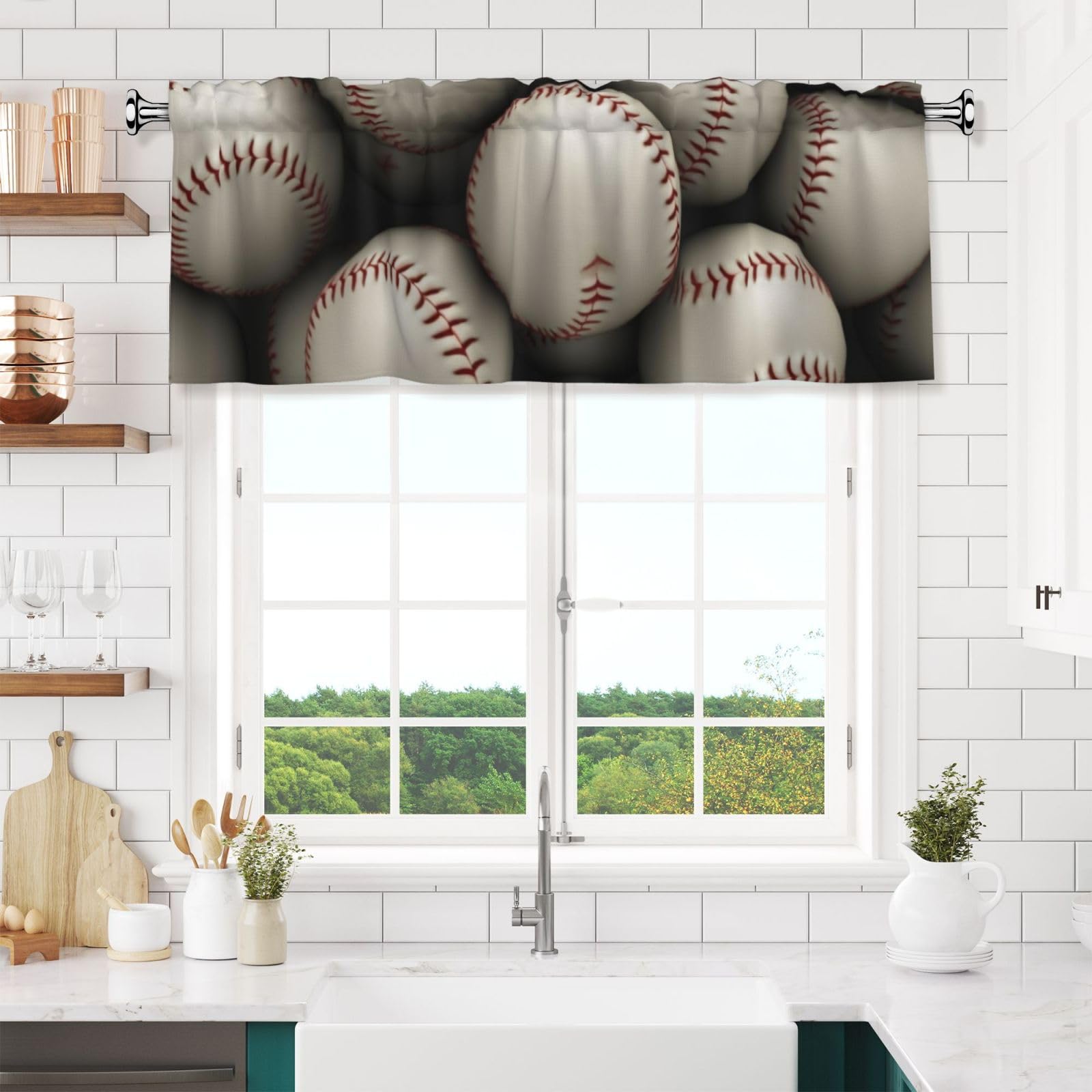 NONHAI Baseball Valances for Windows Short Curtains Rod Pocket Cafe Window Treatments Valance Curtains for Kitchen Bathroom Laundry Basement Windows 54x18inch Blackout Window Valance