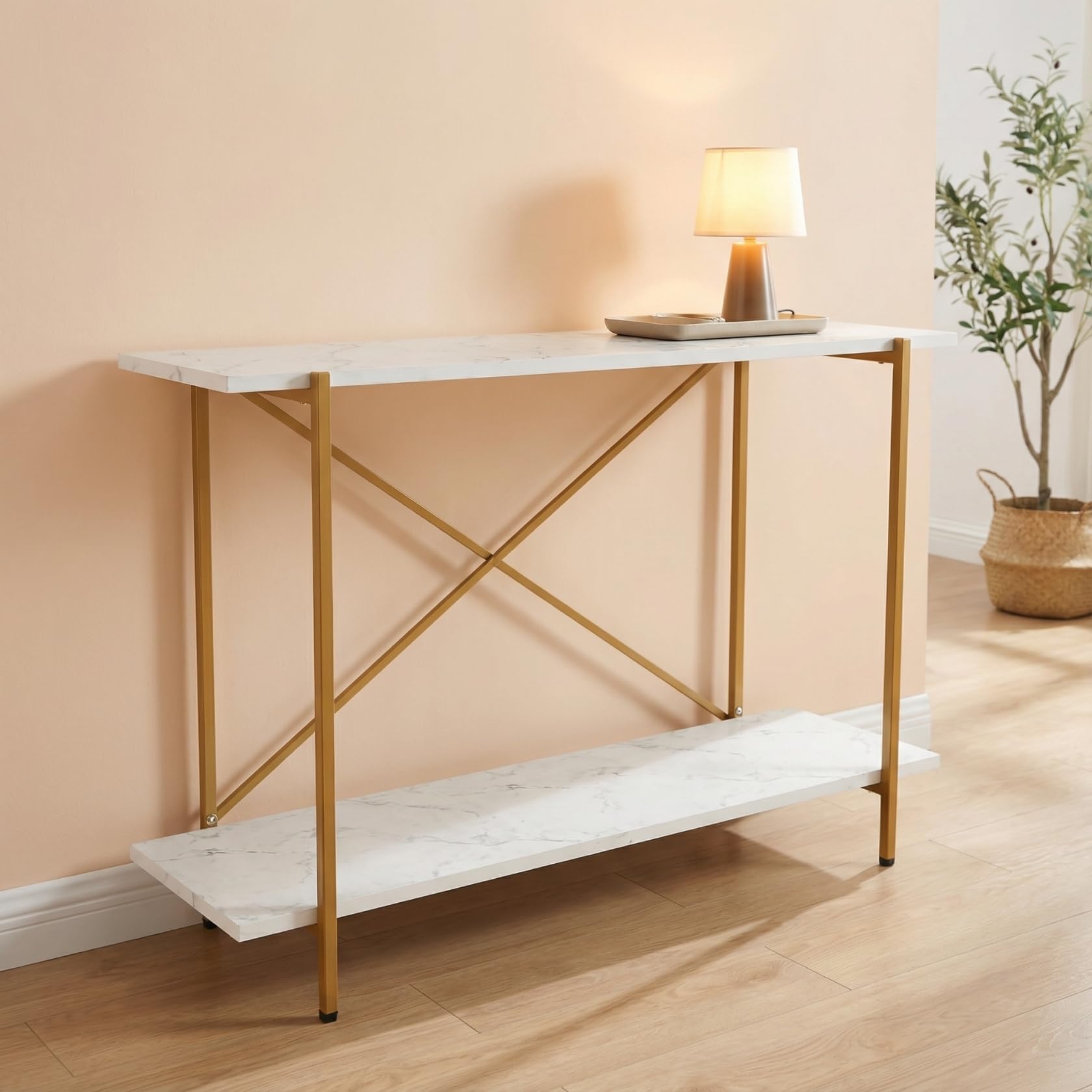 ecofynd Elix 47 Inch Metal with Engineered Wooden top Console Table, Long Narrow Hallway, Entryway, Living Room, Dining Room, Office, Home Side Table Storage Shelves, 47"X 9"X 28" White and Gold-image-0