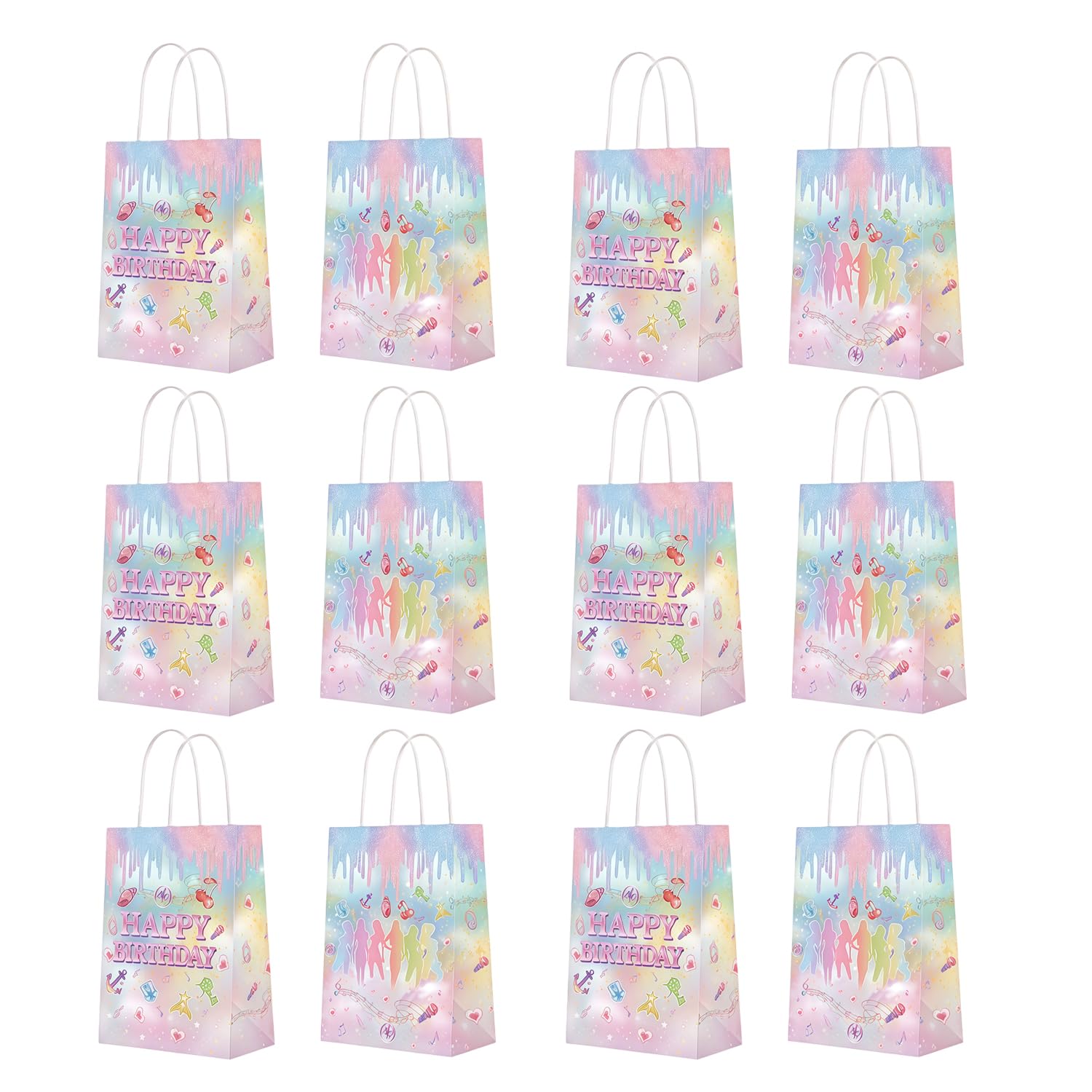 12Pcs Katsye Paper Party Bags, Kpop Happy Birthday Paper Gift Bags with Handles for Candy Cookies Nuts, Music Theme Birthday Gift Bags for Women Girls Fans