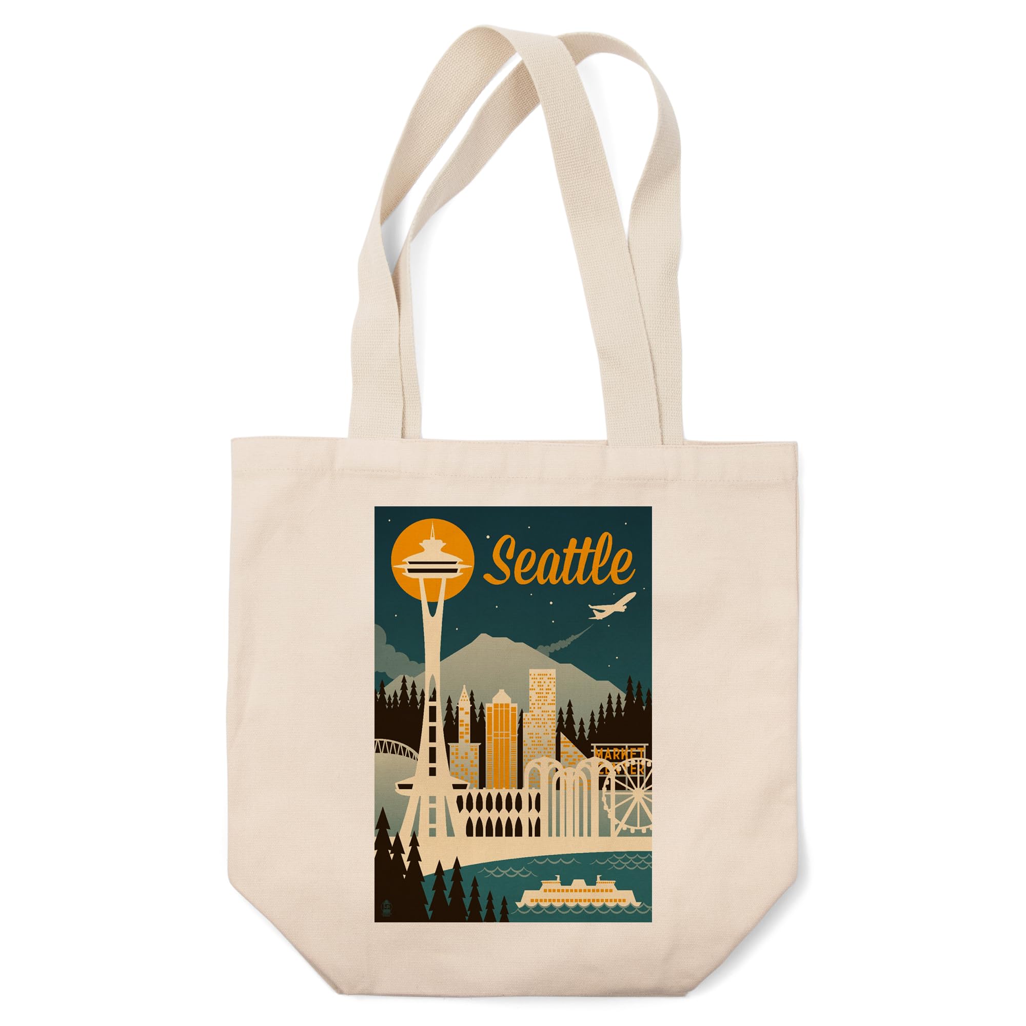 Lantern Press Seattle, Washington, Retro Skyline (100% Cotton Canvas Reusable Tote Bag)