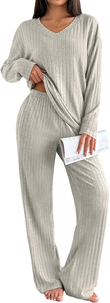 Conjuntos de salón para mujer de manga larga de punto acanalado conjuntos de pijama de 2 piezas casual con bolsillos
