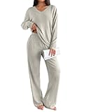 Lounge Sets for Women Long Sleeve Knit Ribbed Pajama Sets 2 Piece Casual Loungewear with Pockets