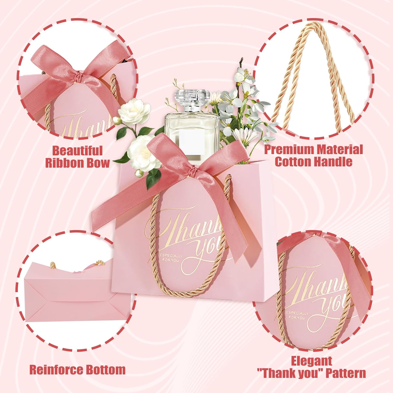 WATUNID 50PCS Small Thank You Gift Bags with Handles, 5.5''x 2.5''x 4.7'' Mini Gift Bags Bulk with Bow Ribbon, Party Favor Bags Candy Bags for Party Wedding Valentine's Day Baby Shower(Pink) - Image 3