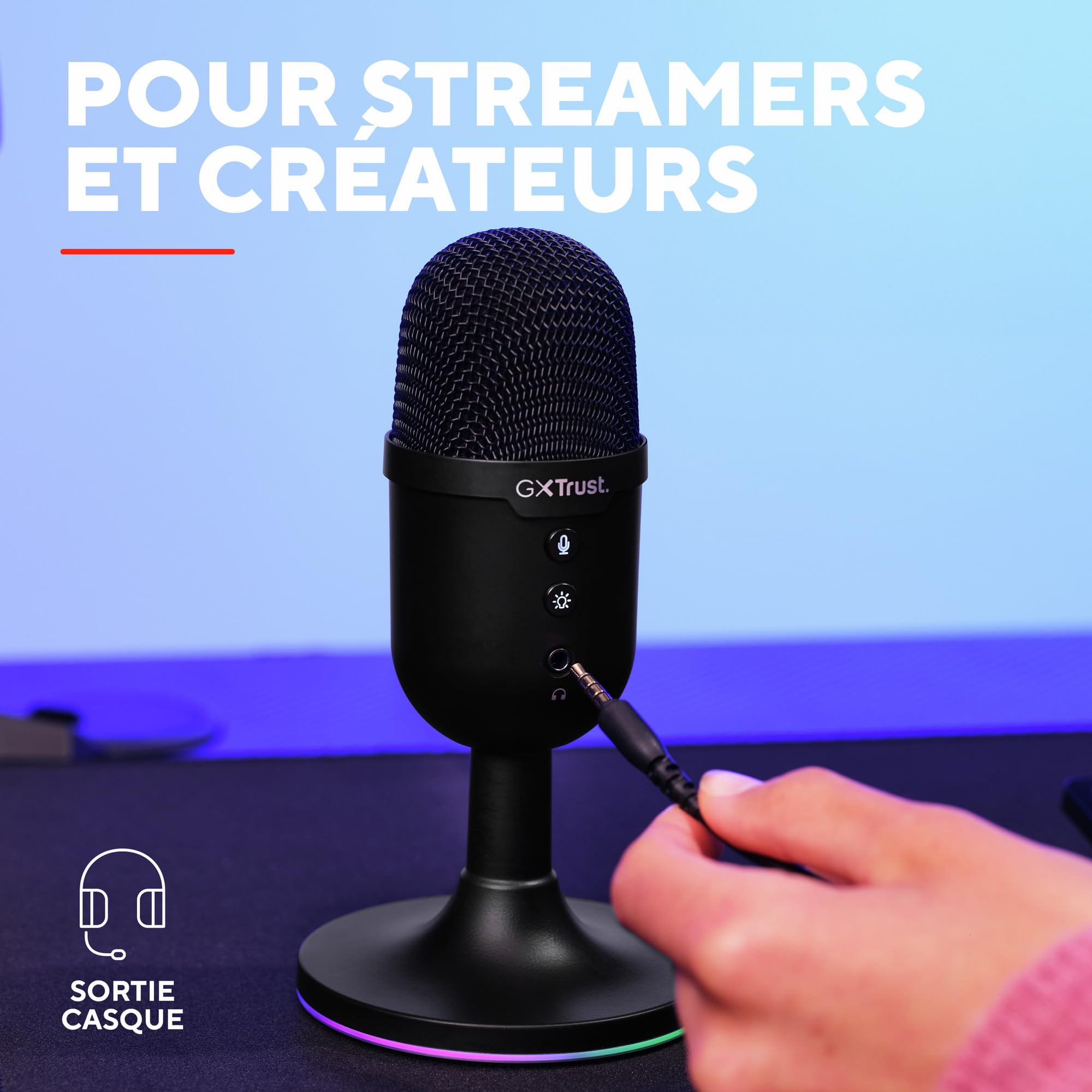 GXTrust Yami Micro Blanc à Condensateur avec Filtre Anti-Pop, Noir | Microphone USB pour Le Streaming, Twitch, Youtube, Podcast, Jeux PS5, PS4, Micro ASMR, Touche Muet, Éclairage RGB