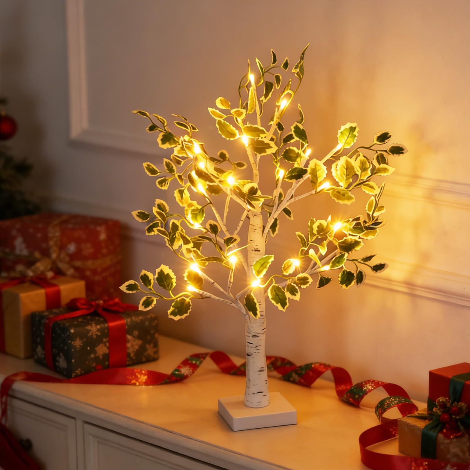wpdash Green Leaf Tree Table Lamp 24 LED Bead Warm White Tree Light USB or Battery Powered Tabletop Lights for Bedroom Family Gatherings Christmas Decoration Housewarming Gift — image 1