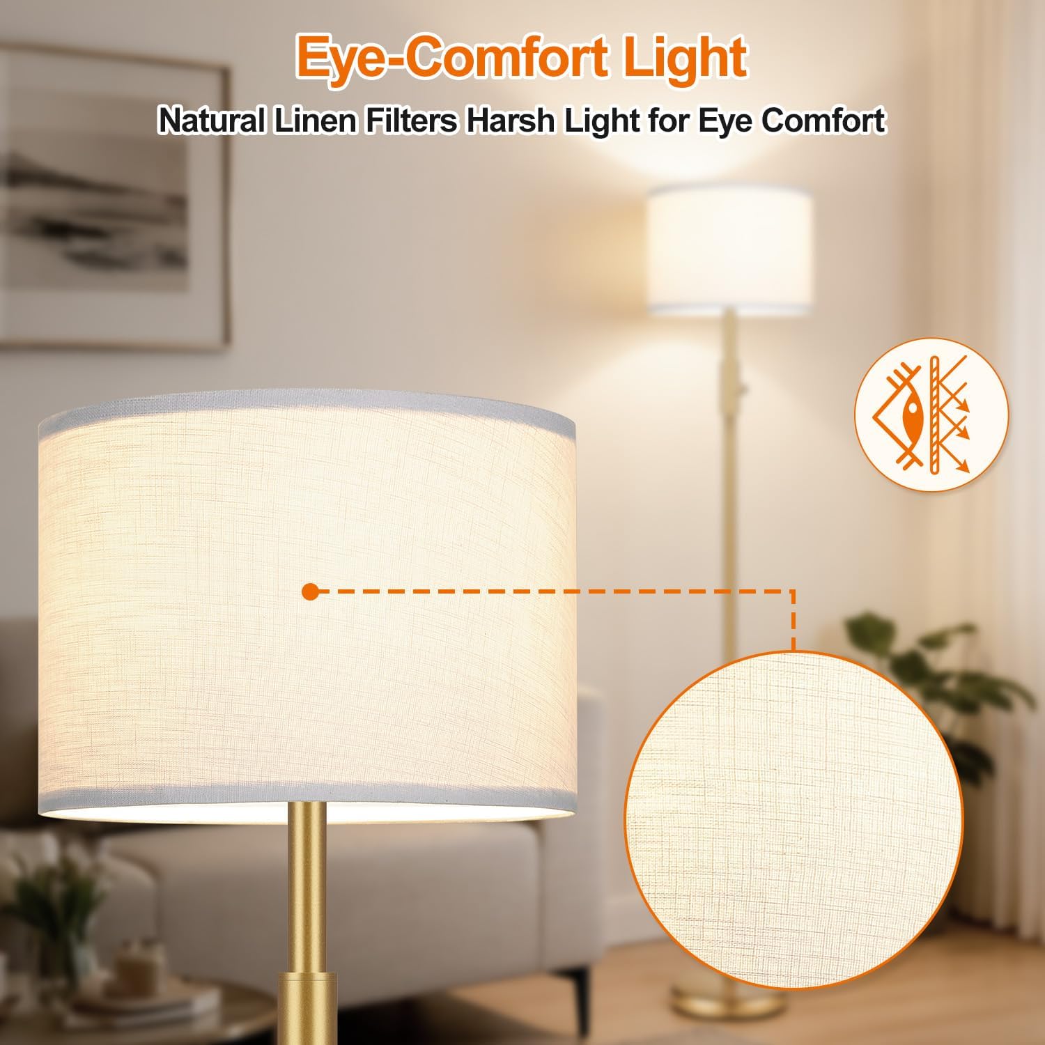 【Upgraded】 Dimmable Gold Floor Lamps for Living Room, 9W LED Bulb Included, Modern Standing Lamp with White Lamp Shade, Tall Pole Light for Bedroom Reading Office Corner Nursery