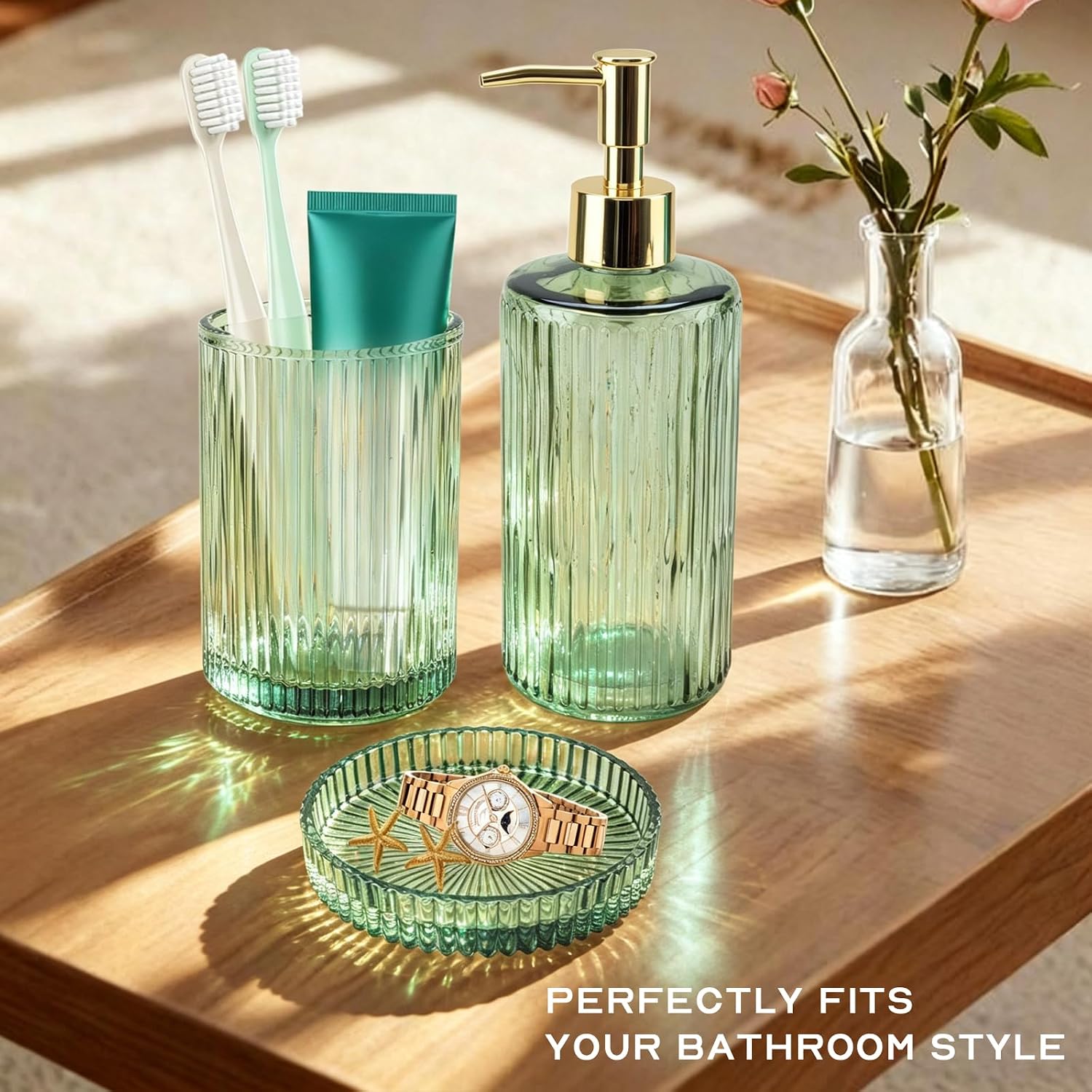 Green Glass Bathroom Accessories Set,Soap Dispenser,Toothbrush Holder,Tray