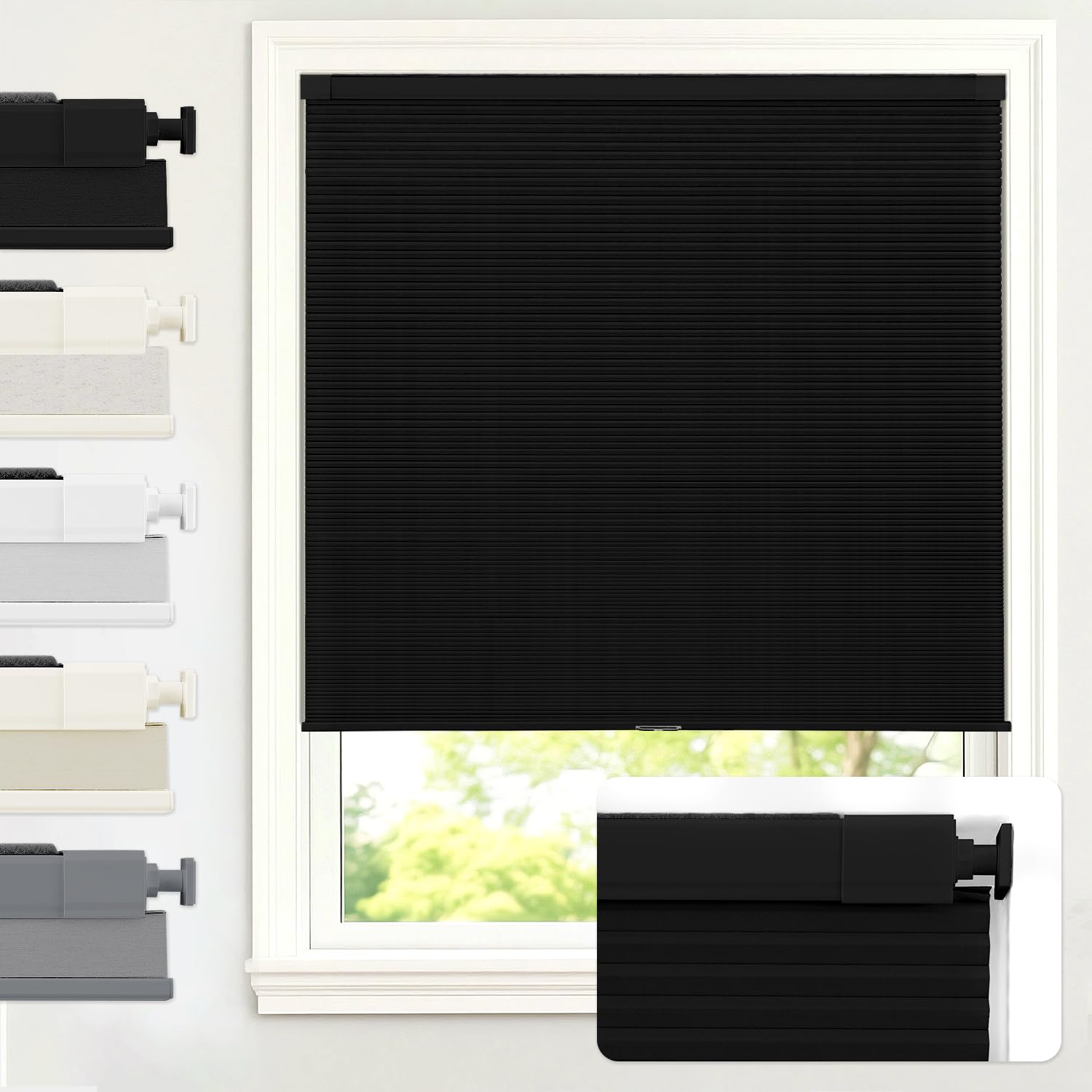 Photo 1 of AOSKY 100% Blackout No Drill Cellular Shades Blinds for Indoor Windows, No Tools Thermal Insulated Black Out Cordless Honeycomb Blinds for Bedroom Living Room Window, 45" W x 48" H, Black