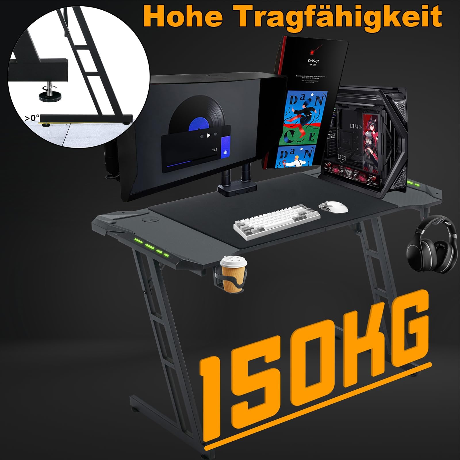 UISEBRT Tavolo da gioco con LED, scrivania da gioco, con superficie in fibra di carbonio, ergonomico, fino a 150 kg, per camera da letto, ufficio, 120 x 60 x 74 cm