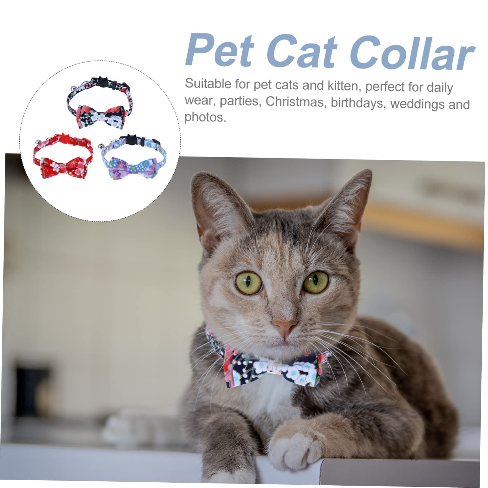 Sosoport 2 Sets Verstellbares Katzenhalsband mit Glöckchen Fliege Halskette Blumenmotiv für Entzückende Haustiere 3 Stück