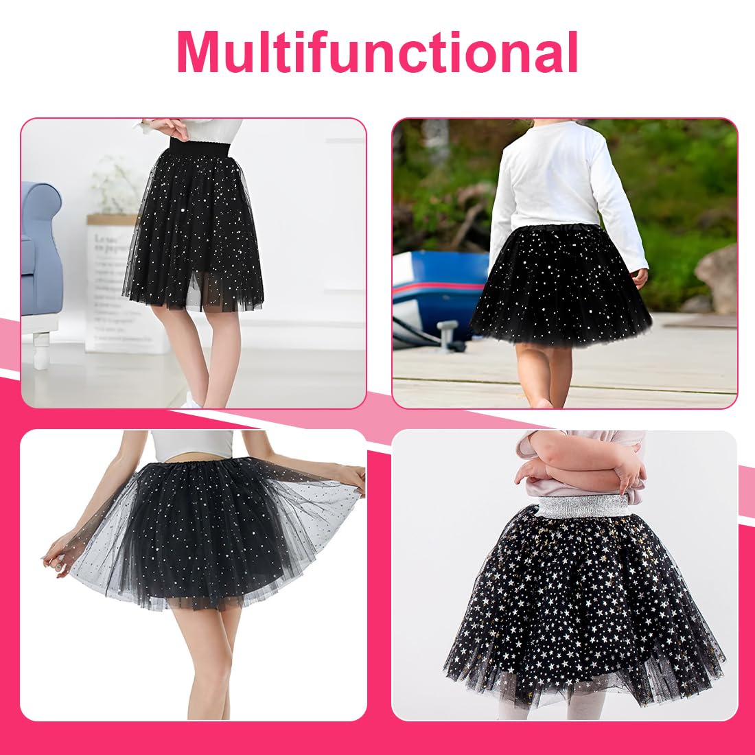 NHQZ Gonna Tulle per Bambine, Tutu Skirt per Ragazze 2-8 Anni, Nero, Tulle Poliestere, Vita Elastica, 30 cm, Per Feste e Spettacoli