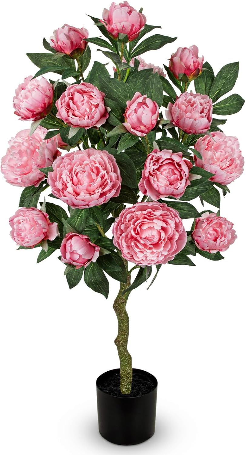 Hollyone Pink Fake Peonies Tree 3FT Peonies Artificial Flowers Tree in Pot Faux Peony Plants & Flowers in Planter Greenery Potted Plant Indoor Outdoor Front Door Porch Home Decor