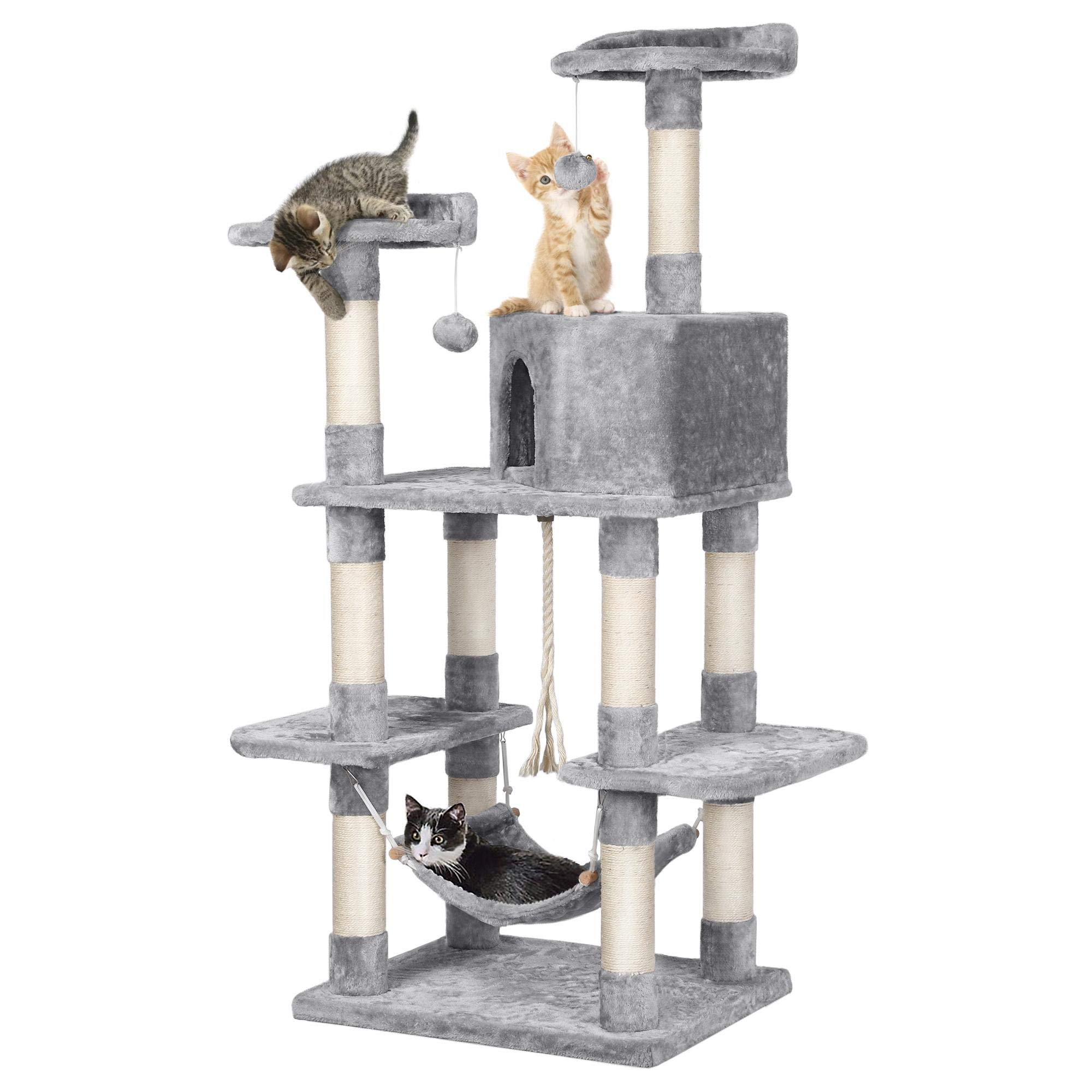 YAHEETECH 58.5 inches Cat Tree, Cat Condos Tower Cat Scratching Posts & Hammock for Kittens House Furniture Trees, Light Gray