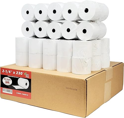 Papel térmico de 1 capa de 2 14 pulgadas x 230 pies (1.69 ozm) 50 rollos cinta de caja registradora sin BPA afilada 01PU, 01PU, ER-A520, ER-A530,