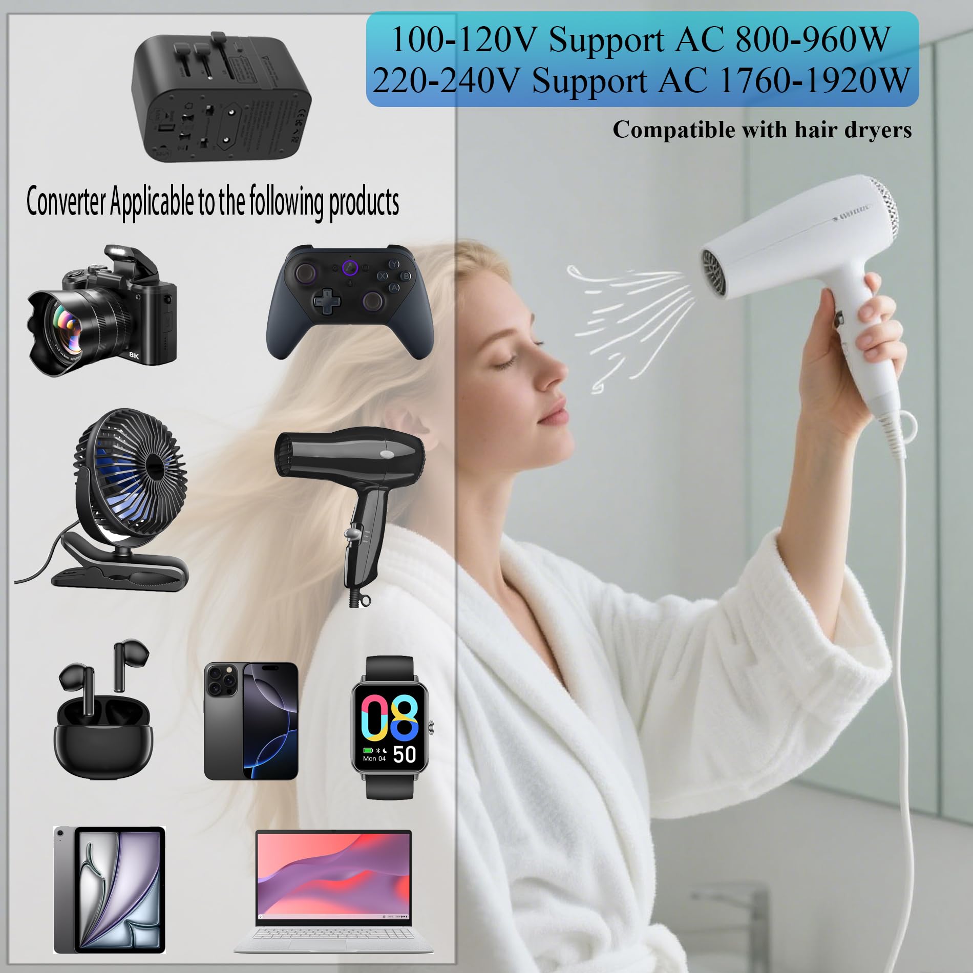 Convertidor de voltaje de 220 V a 110 V, adaptador de corriente internacional universal, convertidor de enchufe múltiple (negro)