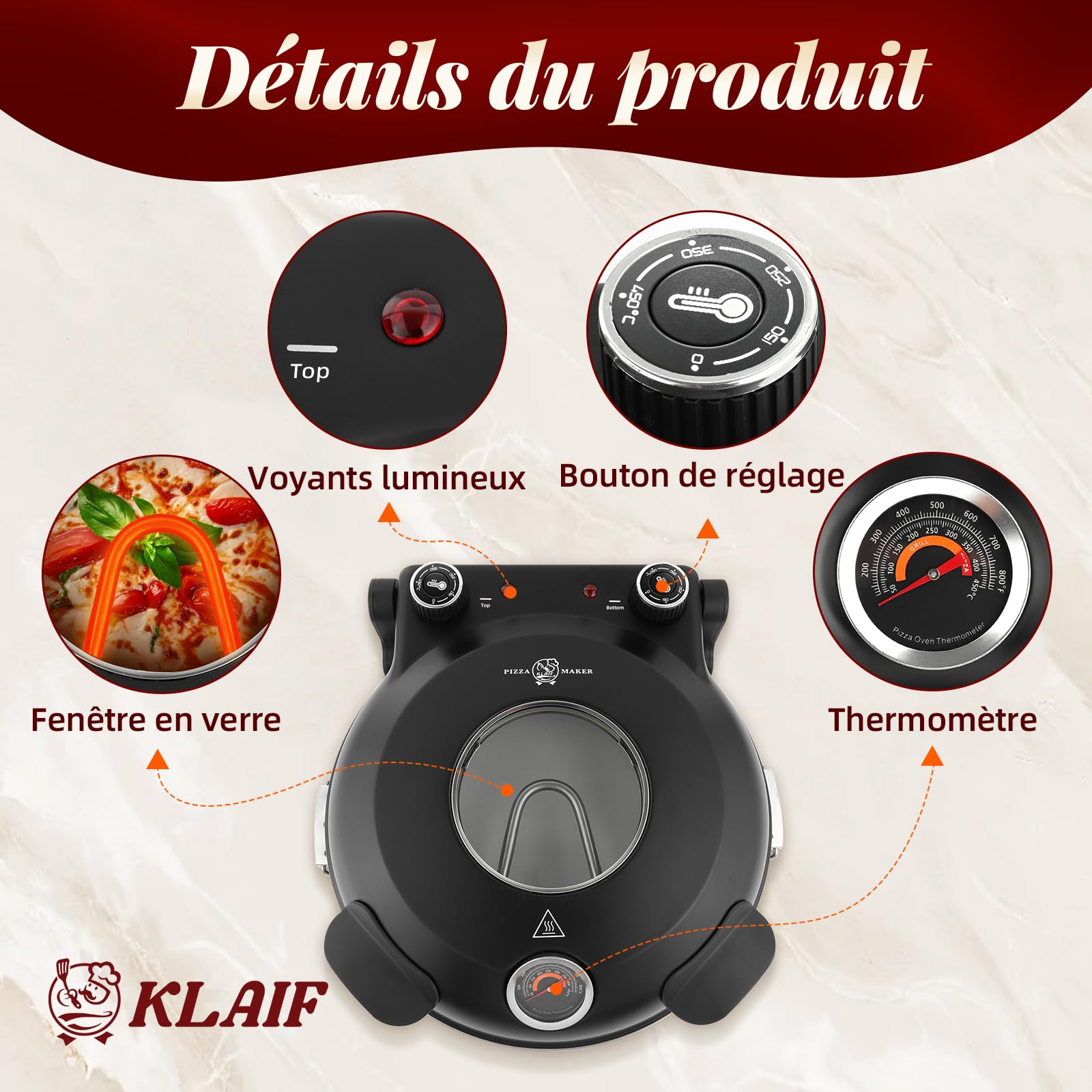 KLAIF Four à pizza électrique de comptoir avec pierre en céramique de 31 cm, deux commandes de température réglables et 4 outils à pizza inclus, LMR-Noir