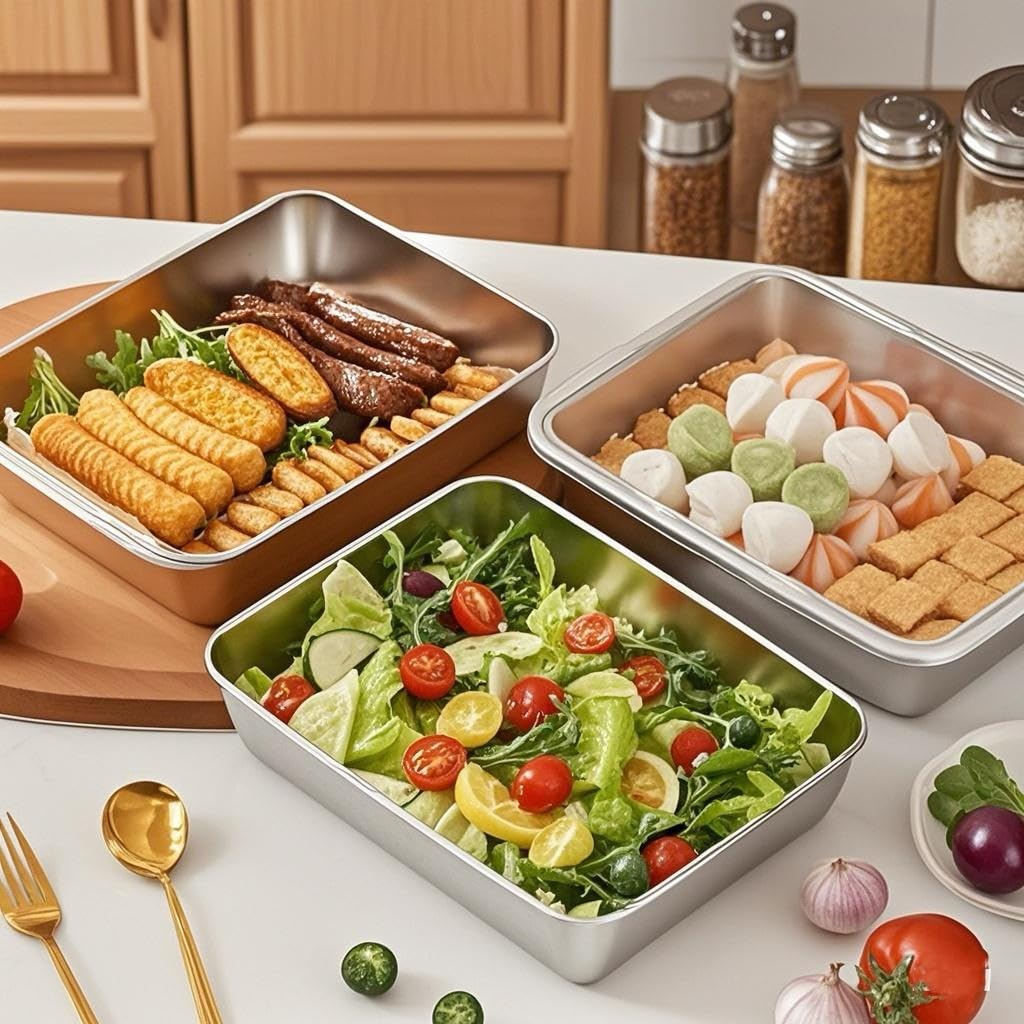 ZMDMAH Set di 3 ciotole in acciaio inox, rettangolari, 25 × 19 × 5 cm, con coperchio, teglia da forno con coperchio, set per impanare carne, pesce, lavabile in lavatrice