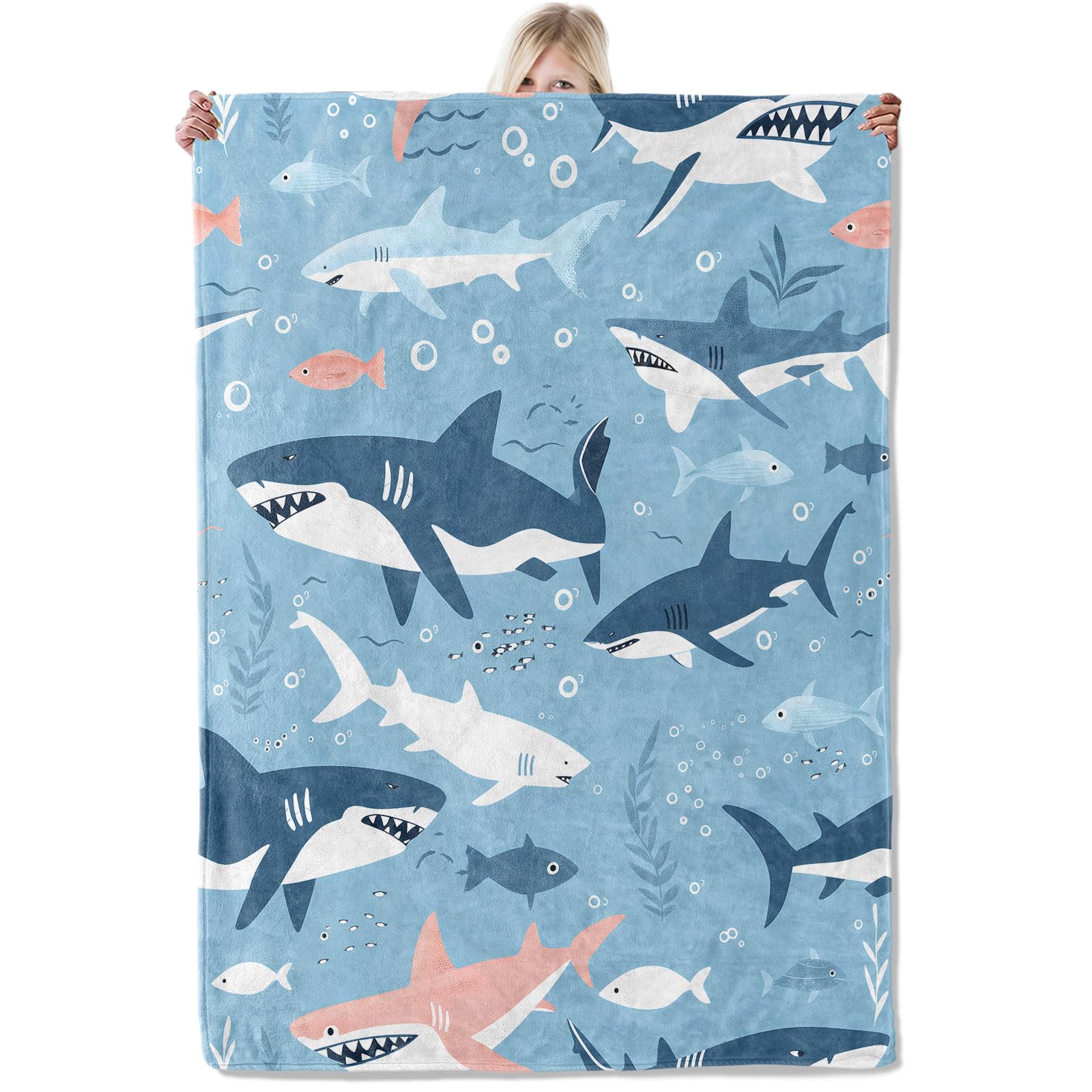 Shark Flannel Blanket 50x60in,Cartoon Sharks Swimming with Fish and Seaweed on Light Blue,Soft Lightweight Throw for Boys,Kids,Ocean Animal Lovers,Summer Decor Gifts Blankets-image-24